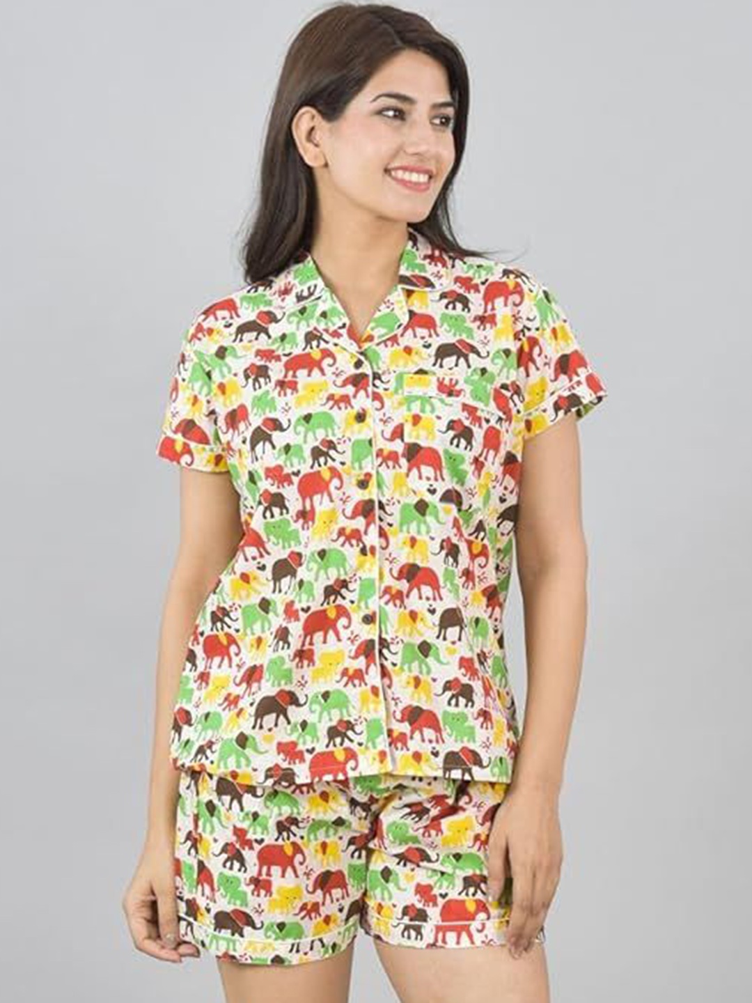 

ATARAH Printed Lapel Collar Pure Cotton Shirt And Shorts, Yellow