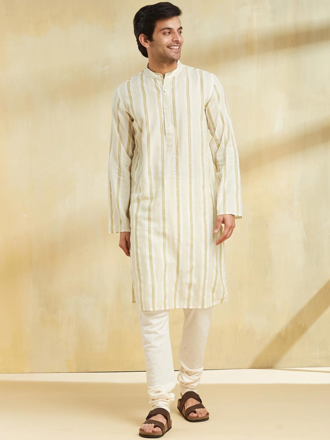 

Fabindia Striped Band Collar Straight Cotton Kurta, White