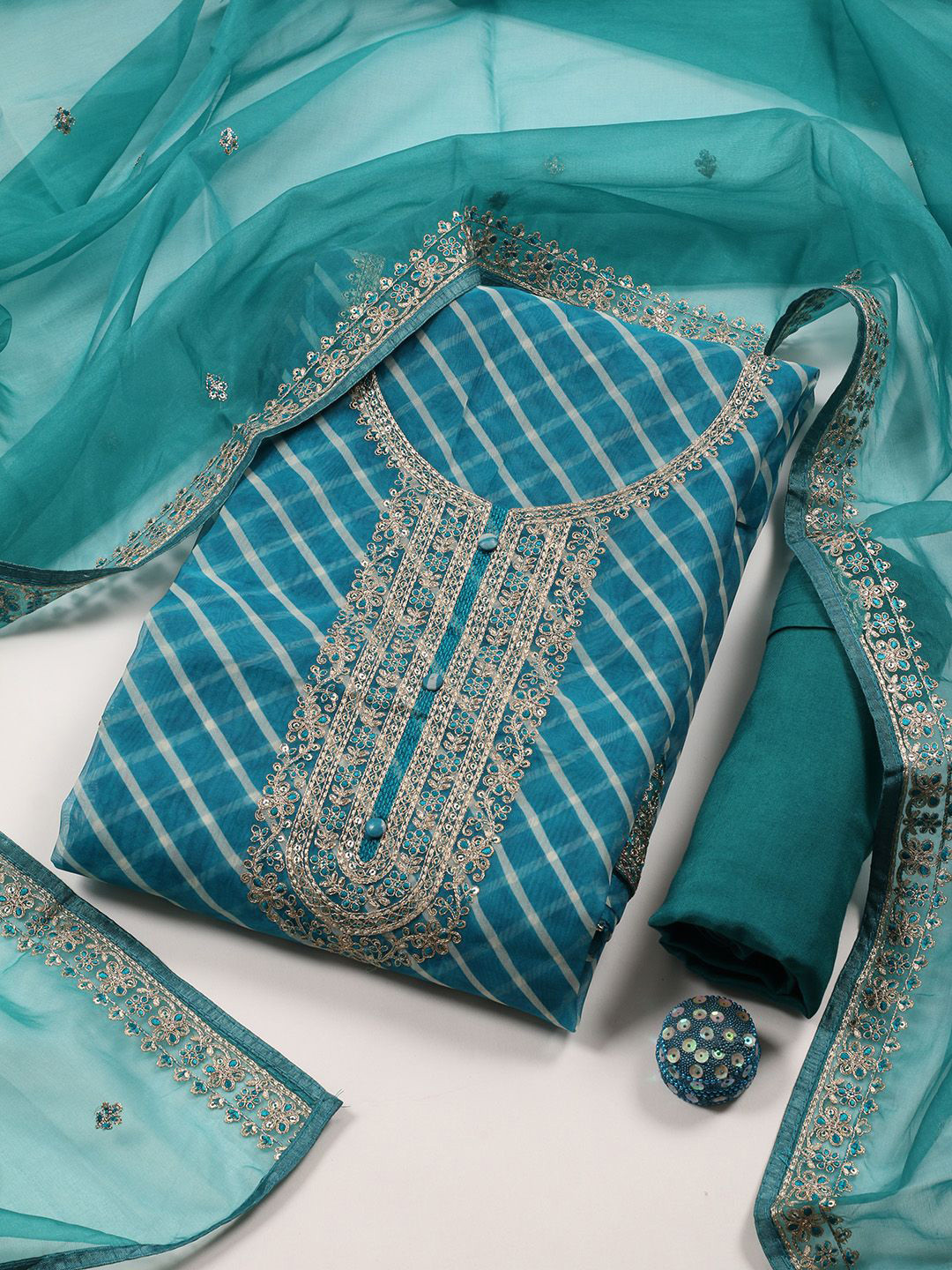 

Meena Bazaar Leheriya Printed Zari Work Organza Unstitched Dress Material, Blue