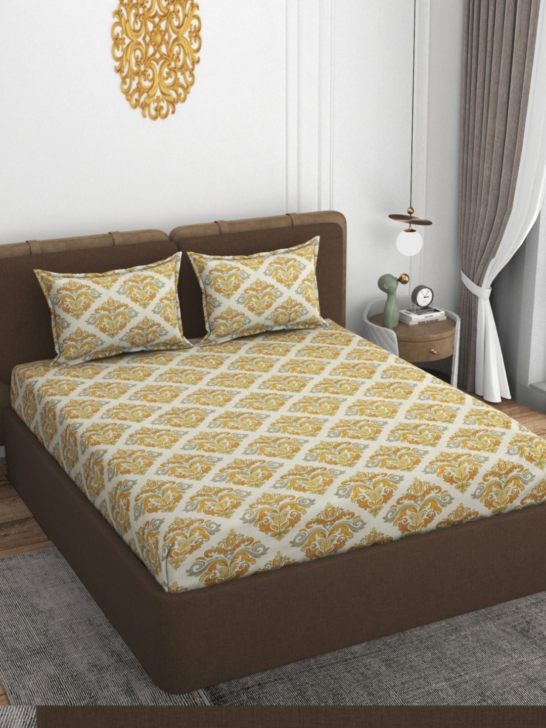 

VOMZER White & Grey Printed Cotton 210TC King Bedsheet Set- 1.98 m x 1.83 m, Mustard