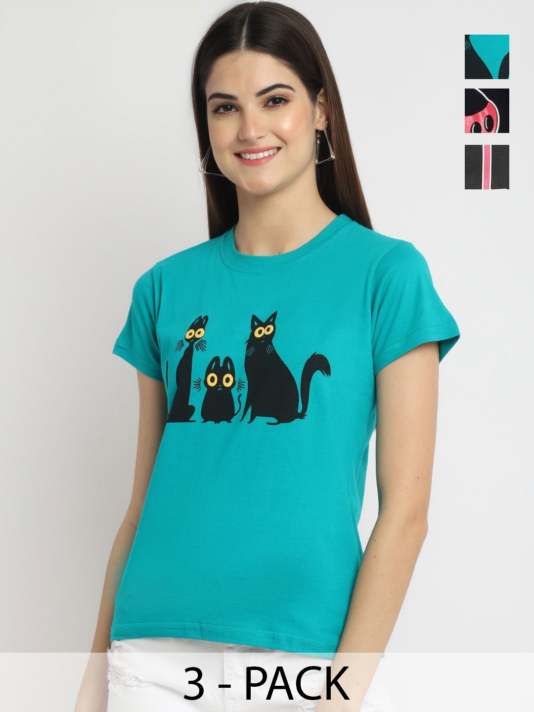 

Dreambe Women Pack Of 3 Graphic Printed Round Neck Cotton T-shirts, Turquoise blue