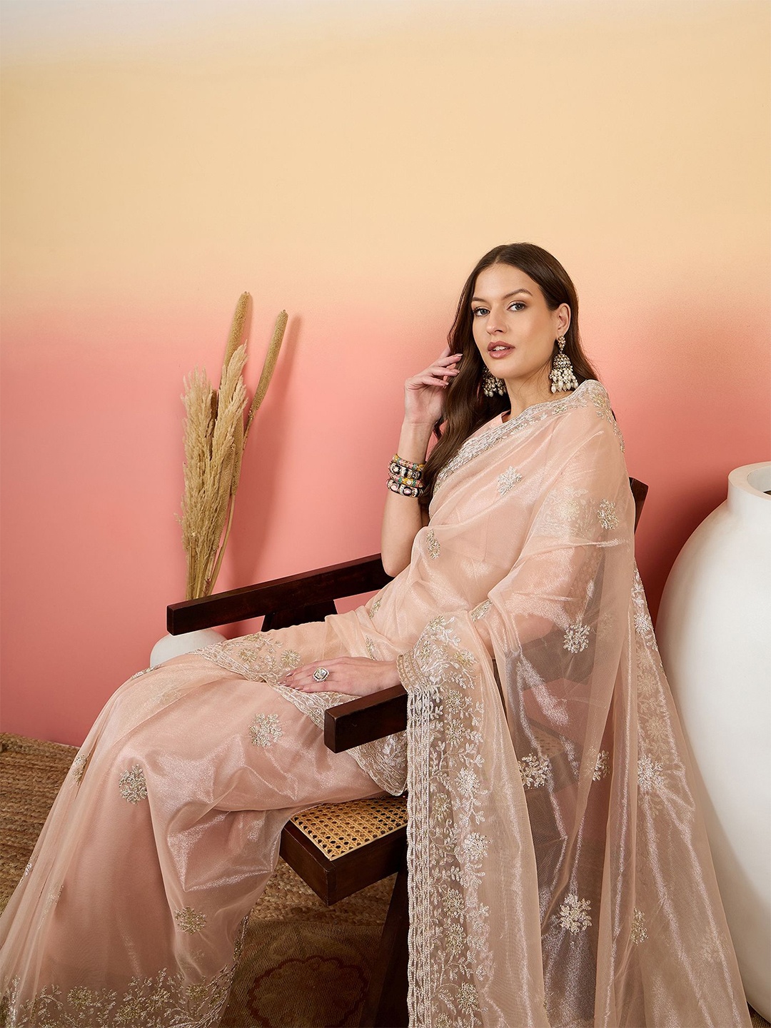 

Sangria Embroidered Saree With Blouse, Peach