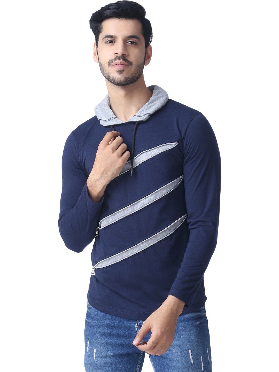 

Black Collection Men Self Design Hood Cotton Slim Fit T-shirt, Navy blue