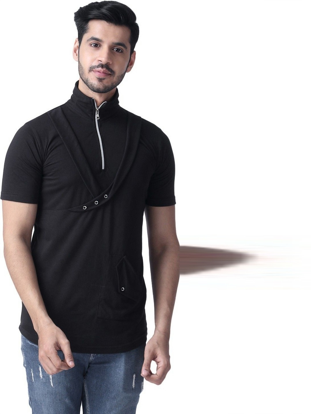 

Black Collection Men Solid High Neck Cotton T-shirt