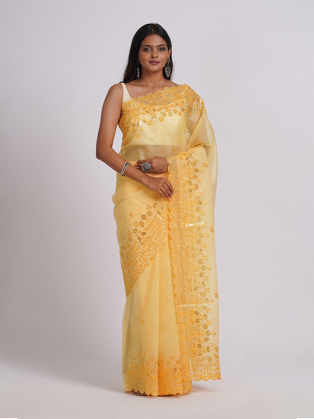 

TEEJH Ethnic Motifs SRania Light Yellow Sequin Embroidery Organza Saree
