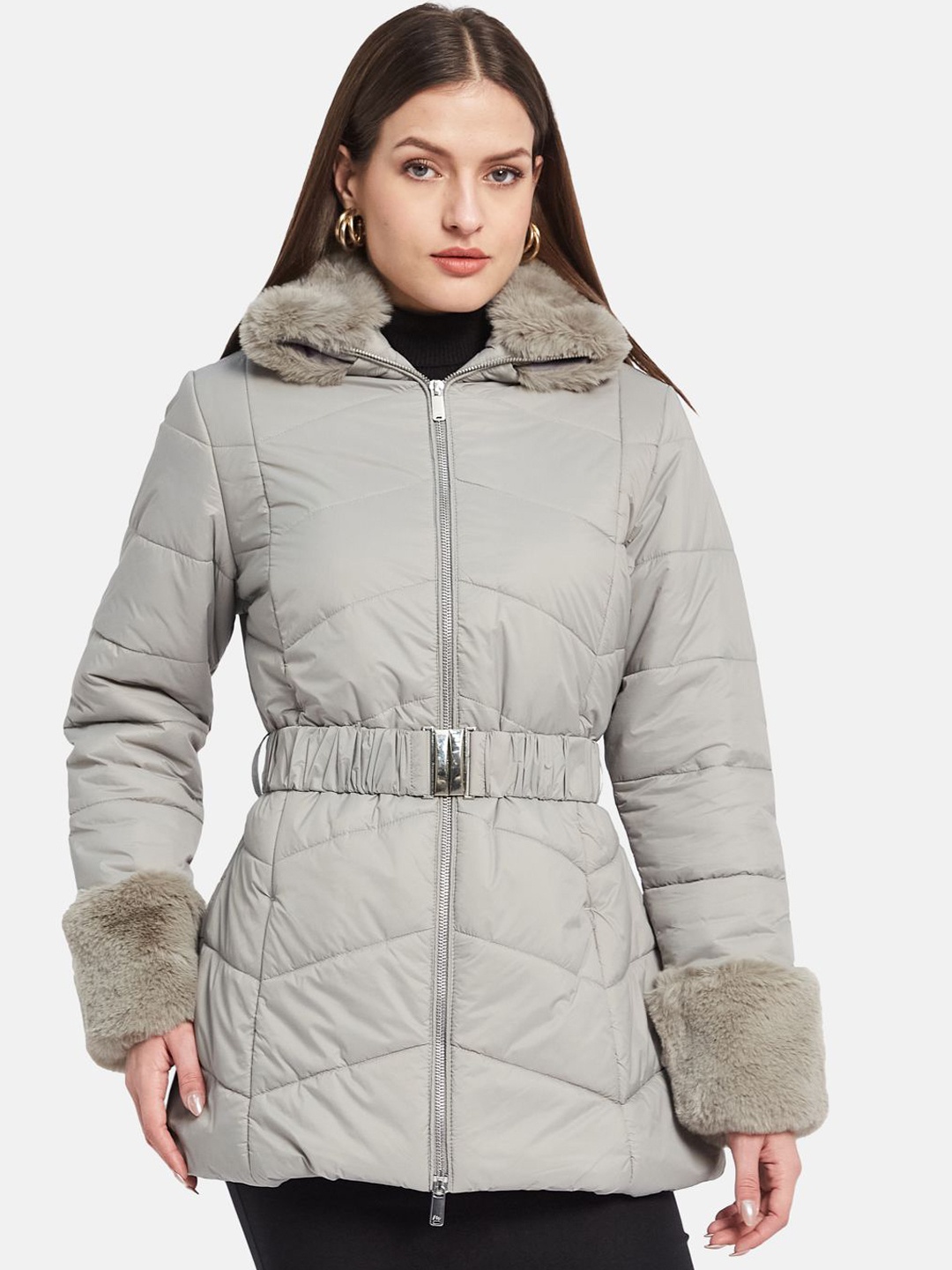 

METTLE Women Mock Collar Solid Casual Puffer Jacket, Grey