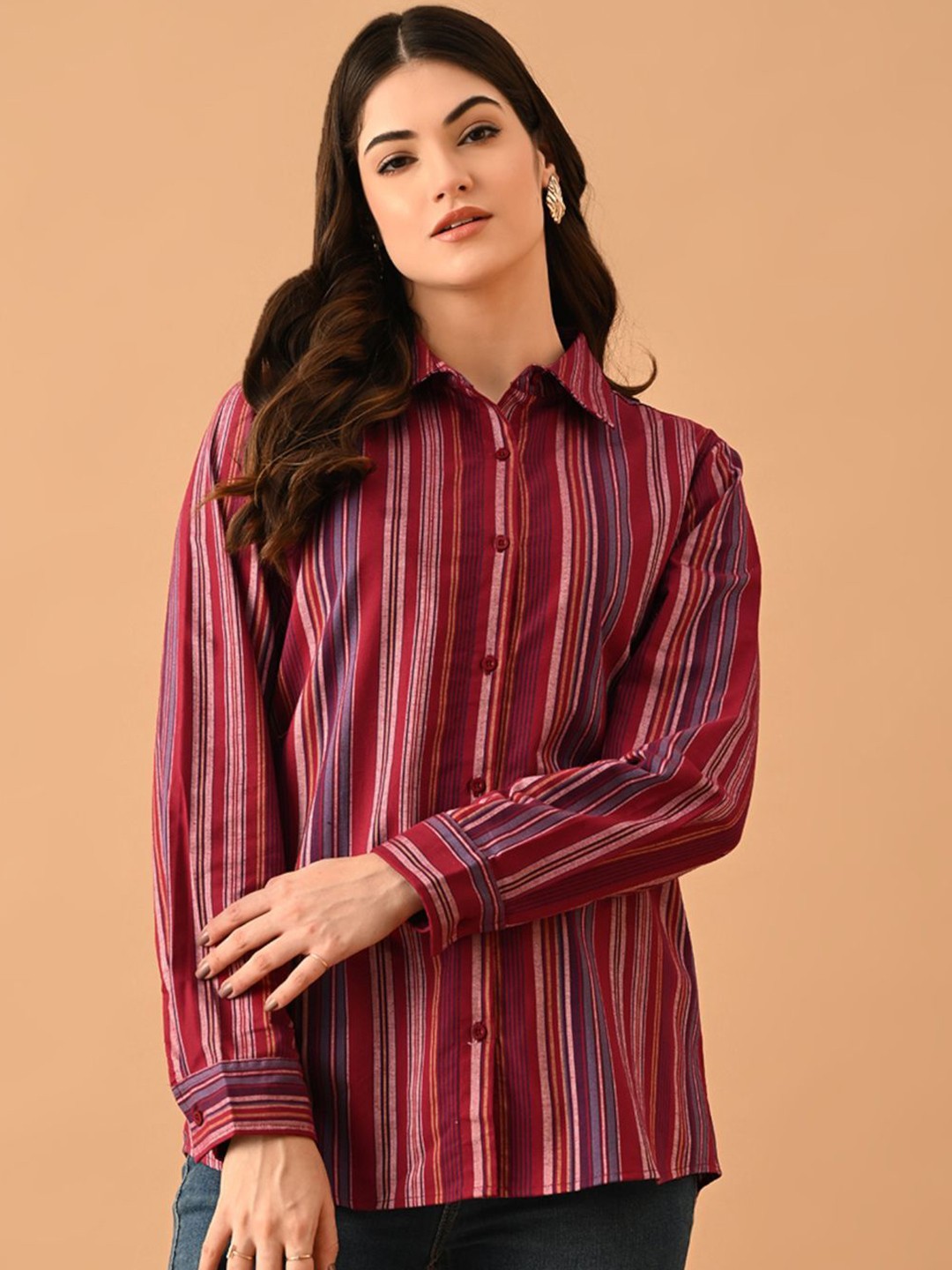 

Moda Rapido Women Classic Opaque Printed Casual Shirt, Red
