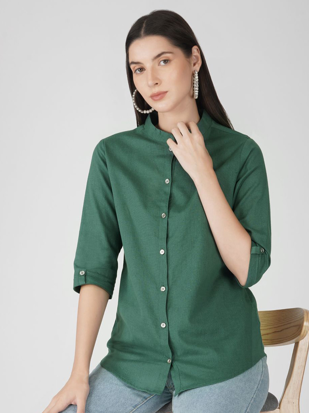 

KALINI Solid Cotton Mandarin Collar Roll-Up Sleeves Shirt Style Top, Green