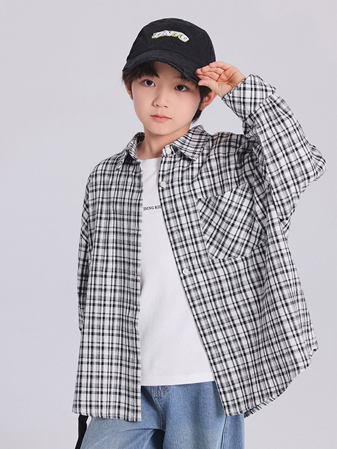 

LULU & SKY Boys Oversized Fit Spread Collar Grid Tattersall Checked Cotton Casual Shirt, White