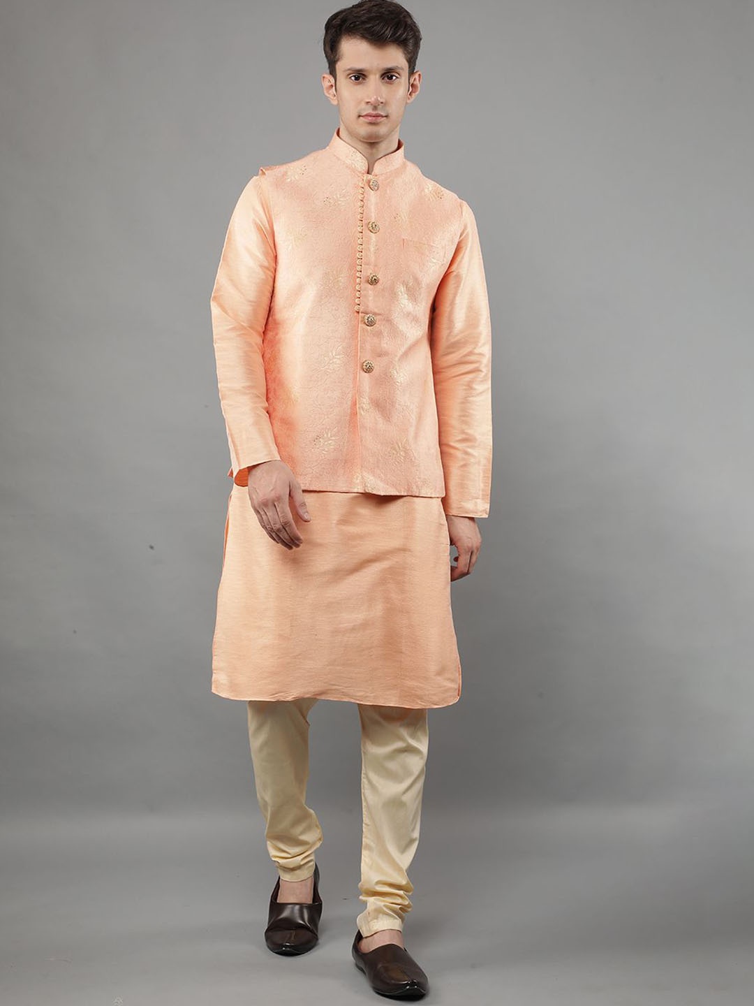 

Manish Creations Mandarin Collar Kurta With Churidar And Nehru Jacket, Peach