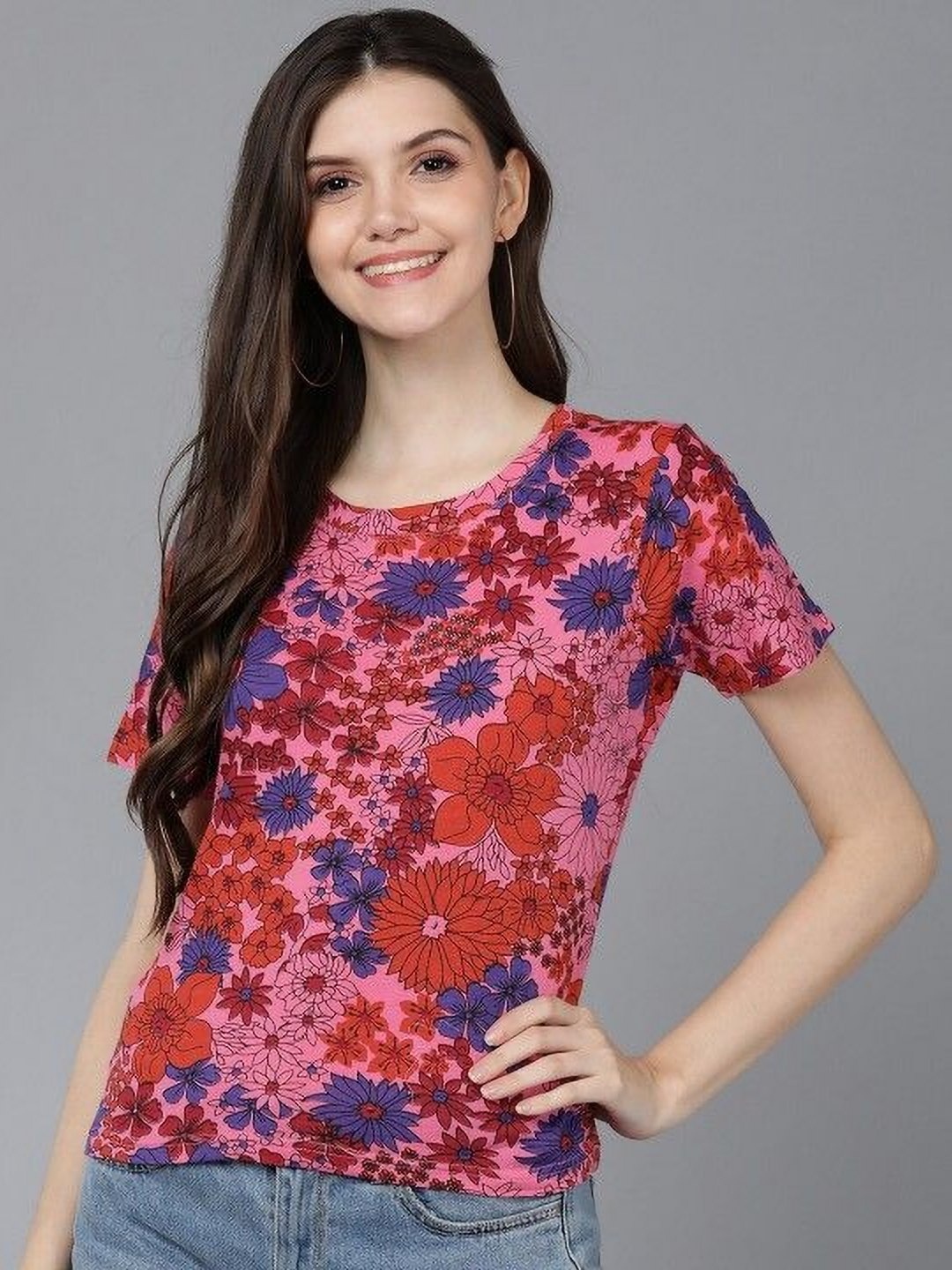 

DressBerry Women Floral Printed Round Neck Cotton T-shirt, Pink