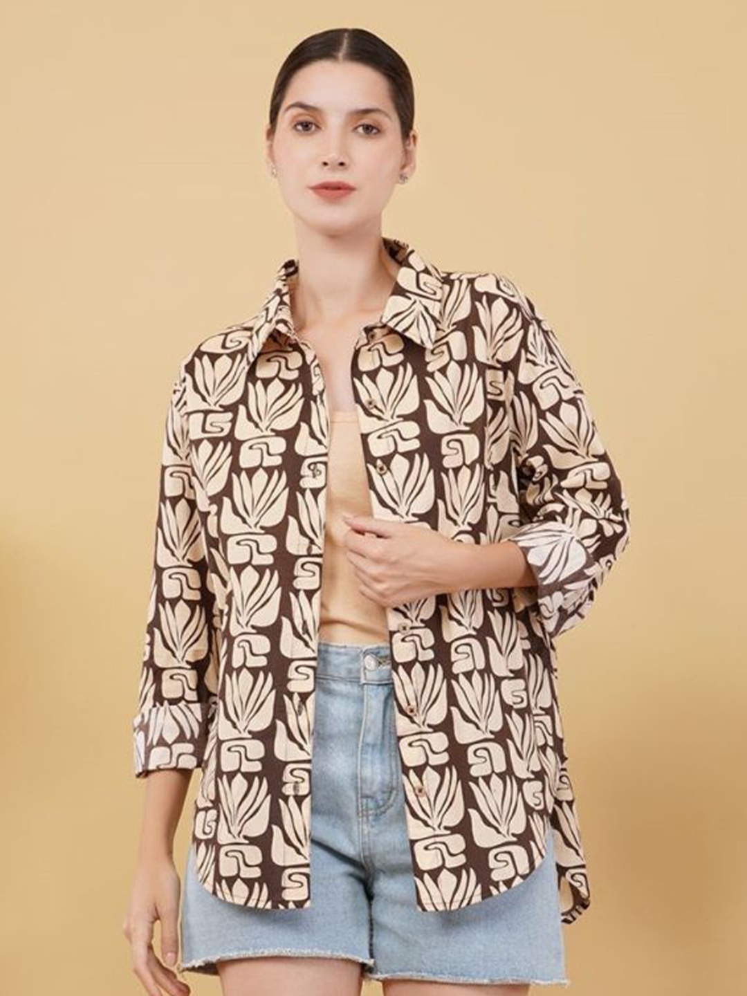 

Moda Rapido Women Classic Opaque Printed Casual Shirt, Brown