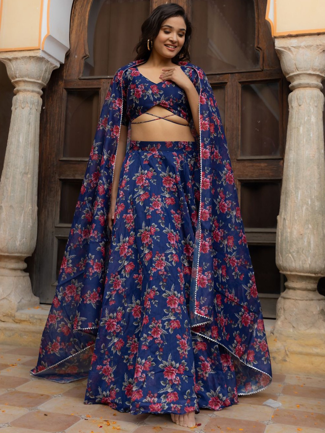 

DEASHA INDIA Saira Floral Printed V-Neck Silk Ready to Wear Lehenga & Blouse With Dupatta, Blue