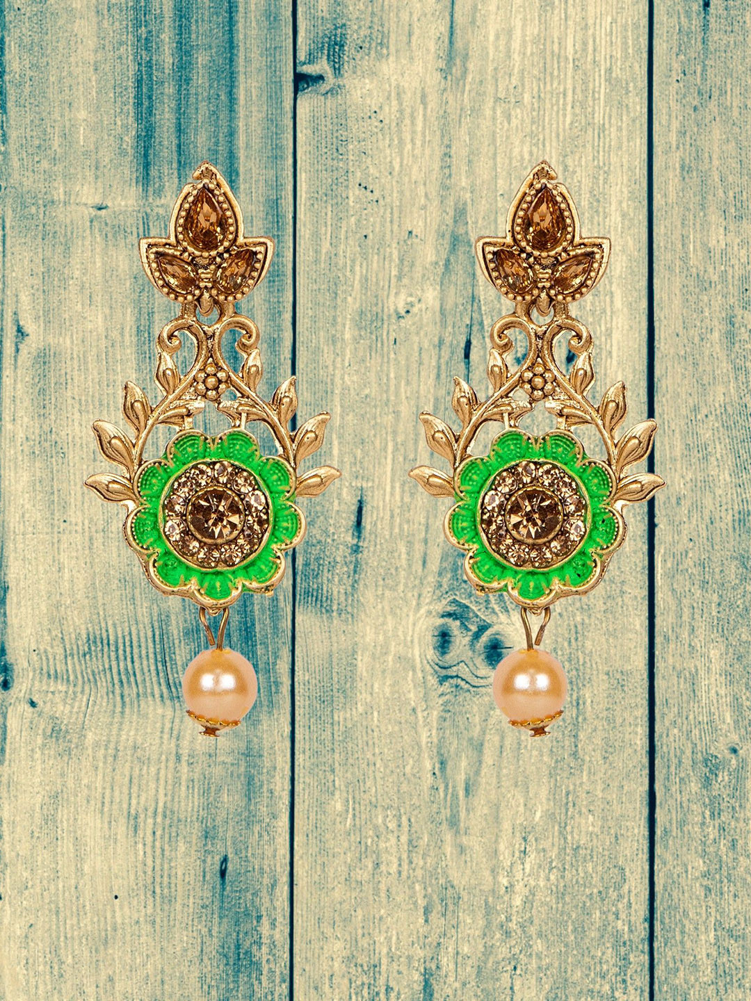 

Anouk Gold-Plated Stones Studded & Beaded Enamelled Meenakari Floral Shaped Drop Earrings