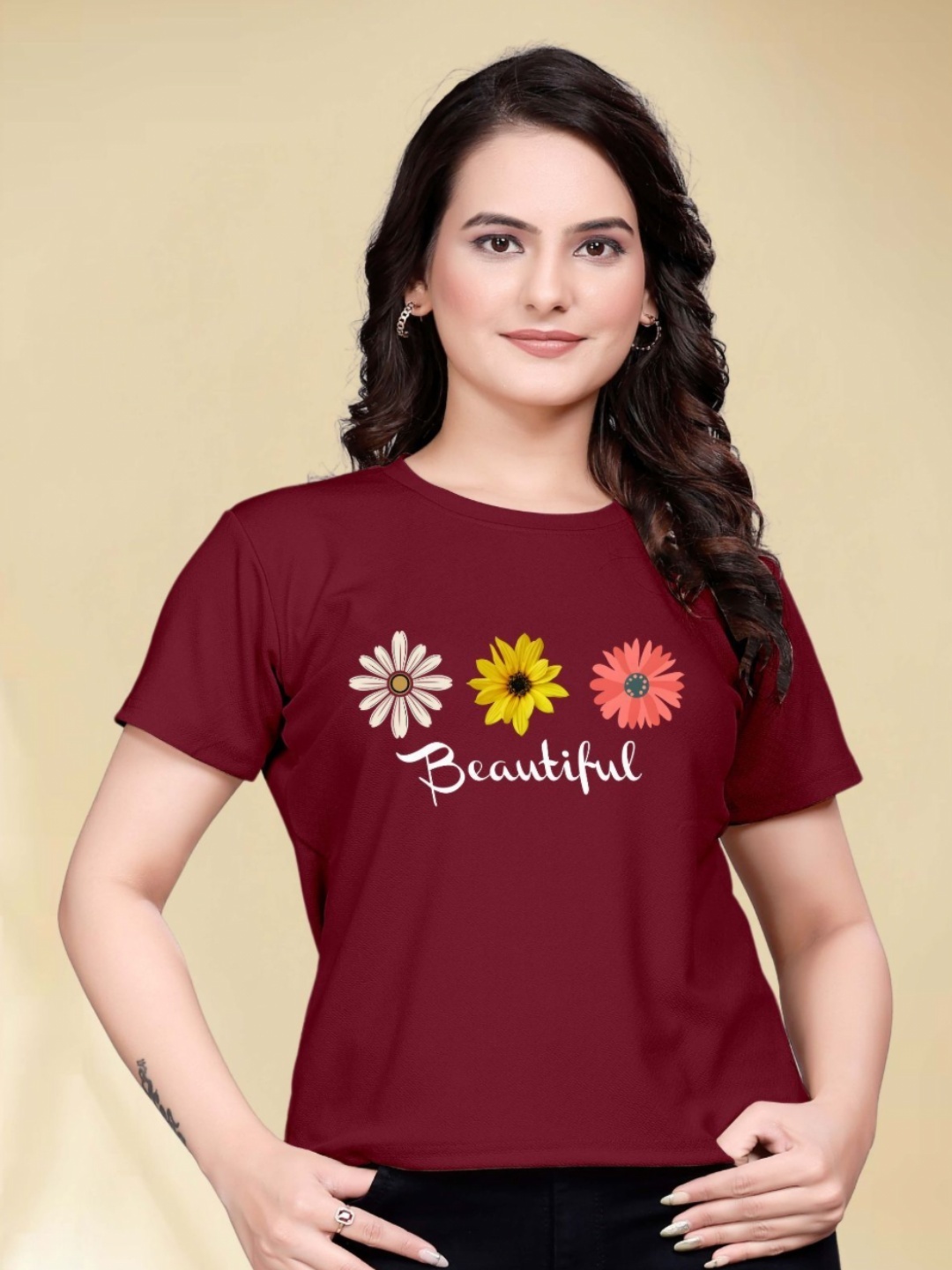 

Moda Rapido Women Printed Round Neck Tshirt, Maroon