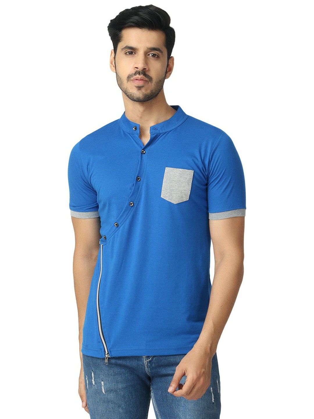 

Black Collection Men Solid Mandarin Collar Cotton Slim Fit T-shirt, Blue