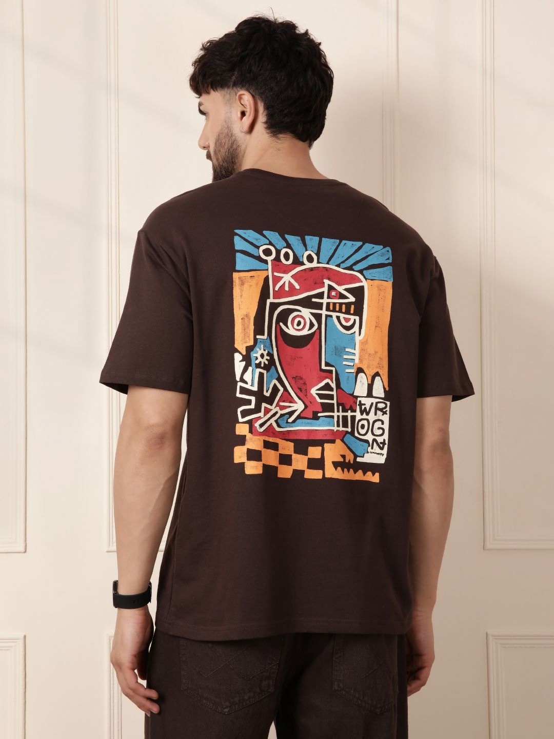

WROGN Men Graphic Printed Round Neck Cotton Oversized T-shirt, Brown
