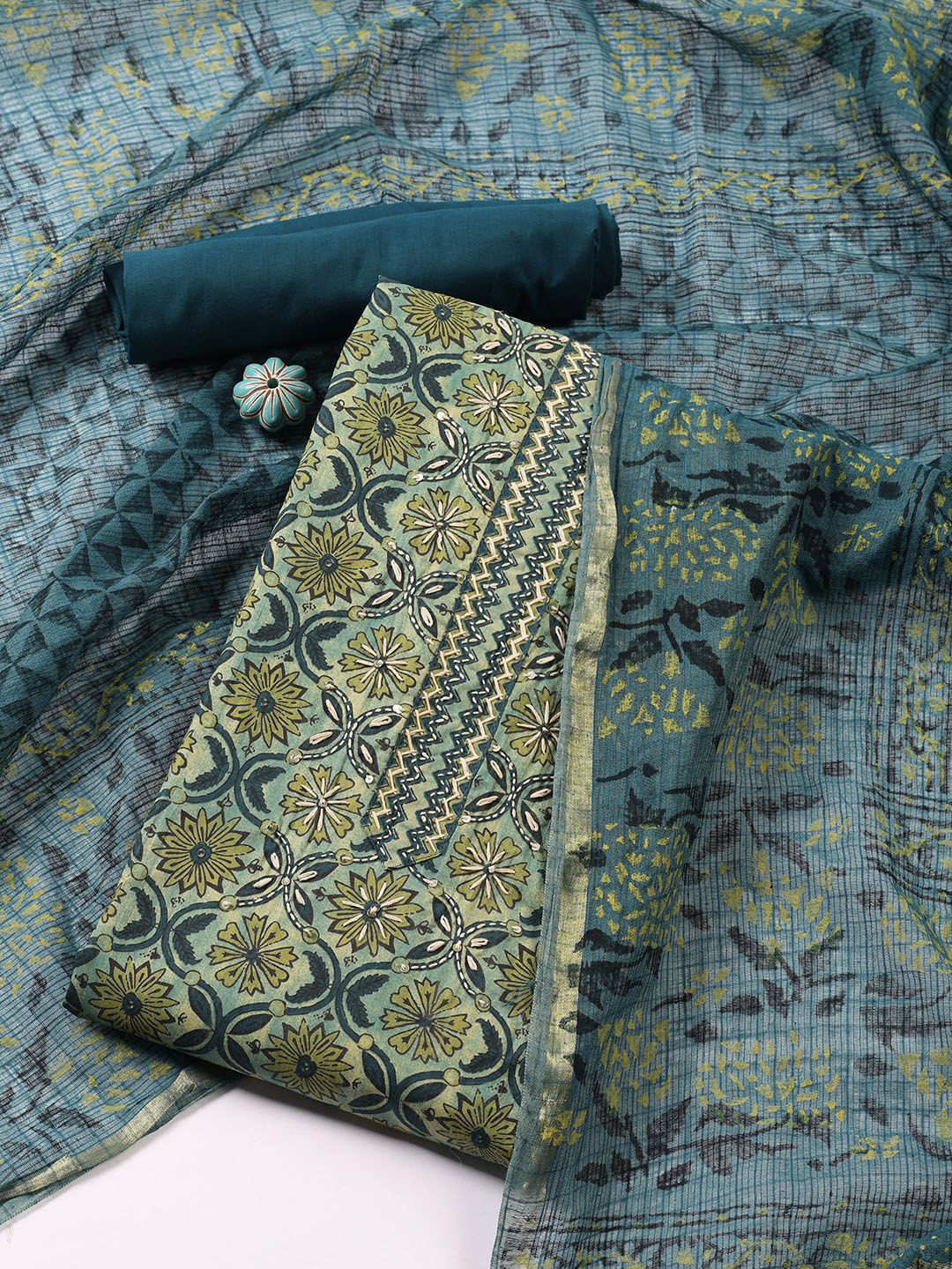 

Meena Bazaar Floral Printed Unstitched Dress Material, Sea green