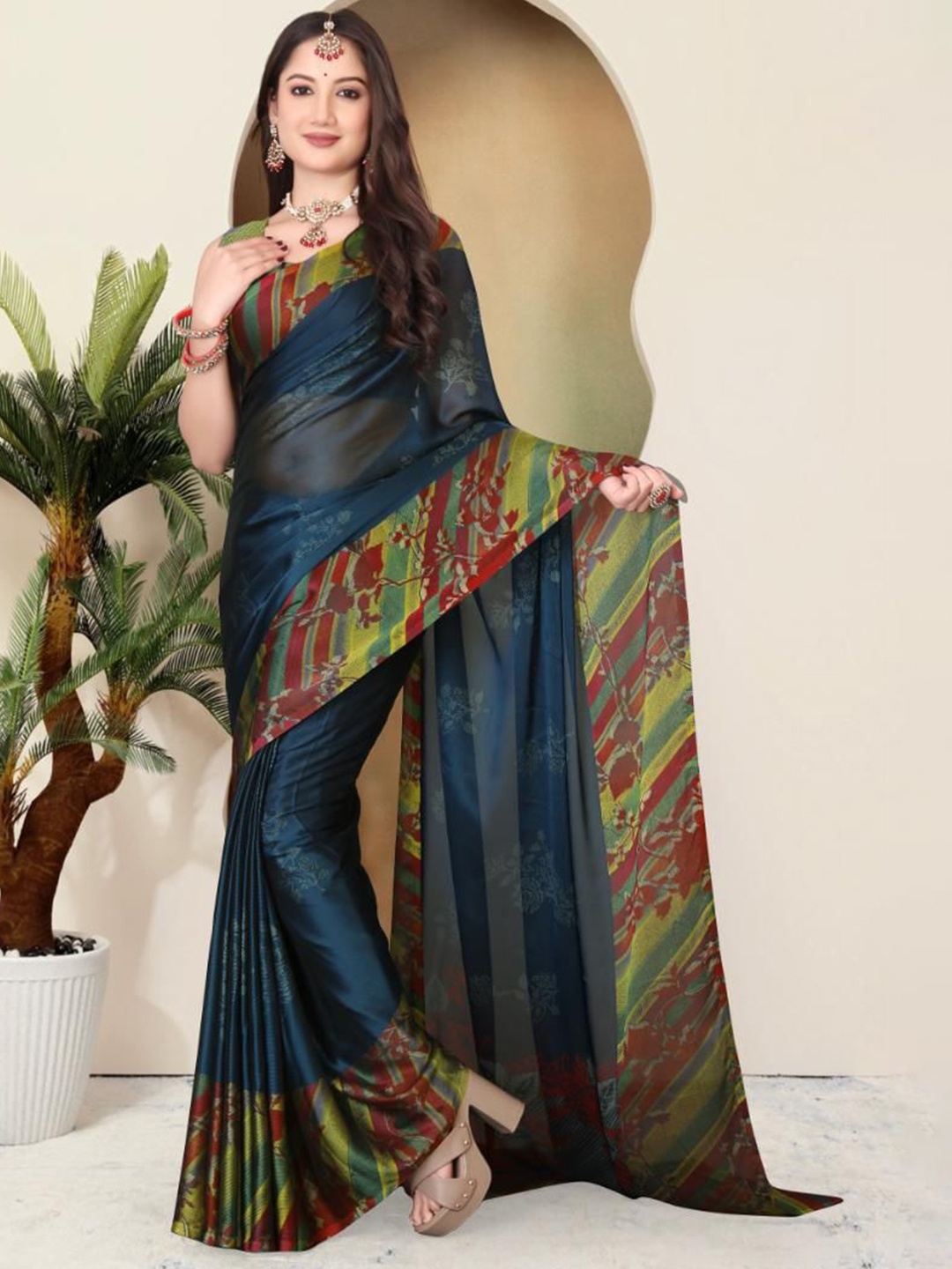 

MAGNEITTA Floral Pure Chiffon Designer Saree, Teal