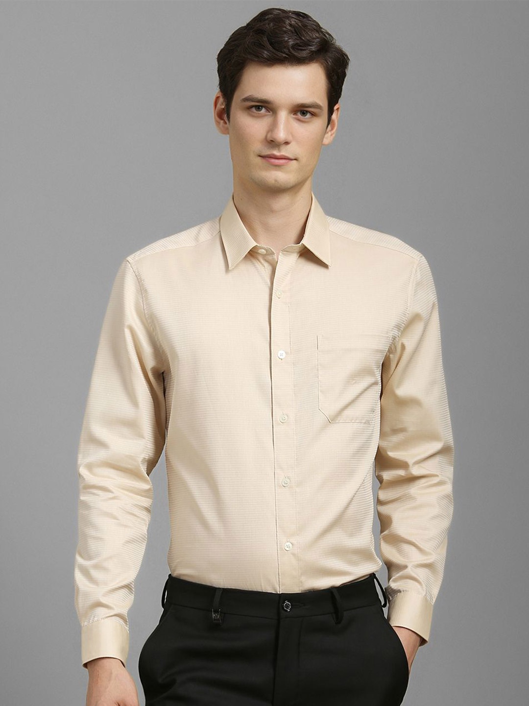 

Louis Philippe Men Classic Fit Spread Collar Textured Cotton Formal Shirt, Beige