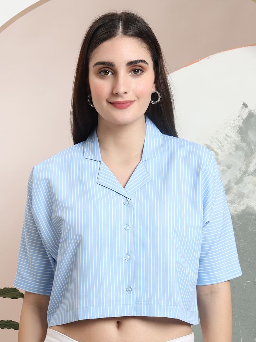 

FITHUB Women Boxy Fit Cuban Collar Vertical Striped Cotton Casual Shirt, Blue