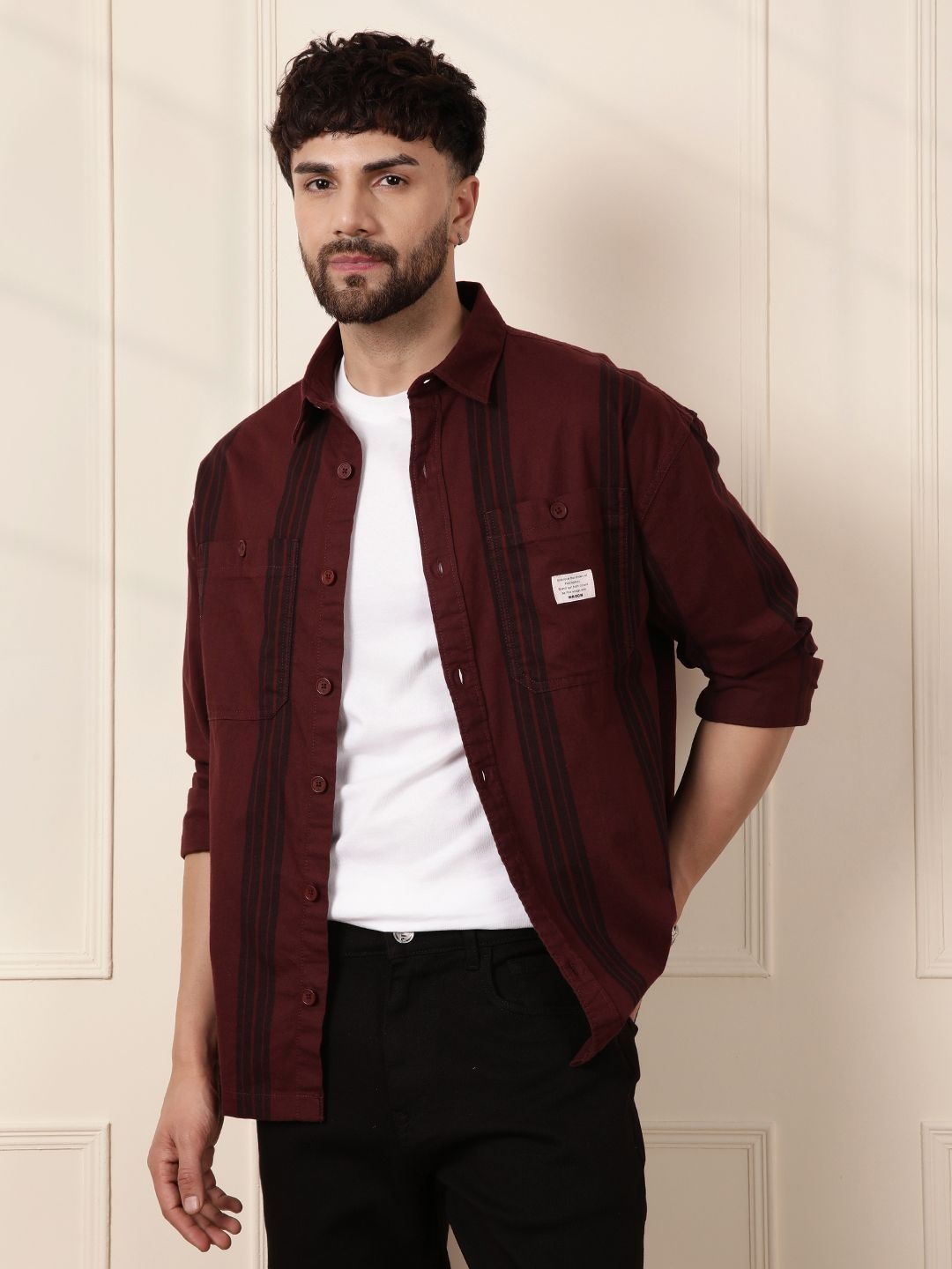 

WROGN Men Comfort Fit Spread Collar Vertical Striped Cotton Casual Shirt, Maroon