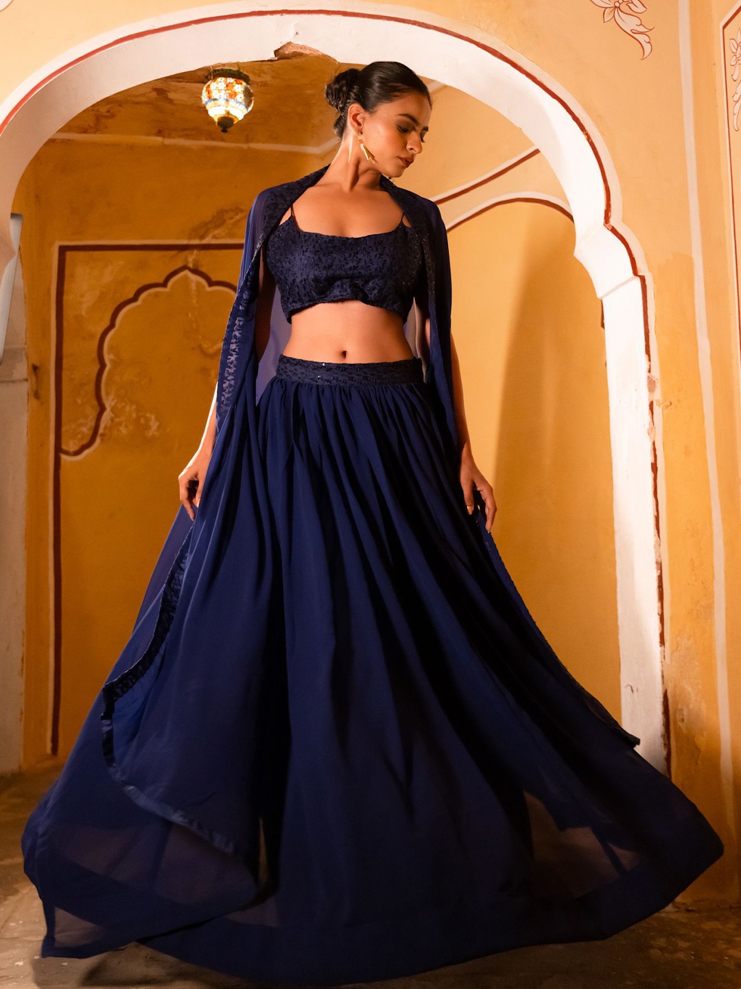 

DEASHA INDIA Embroidered Sequinned Georgette Ready To Wear Lehenga & Blouse With Dupatta, Blue