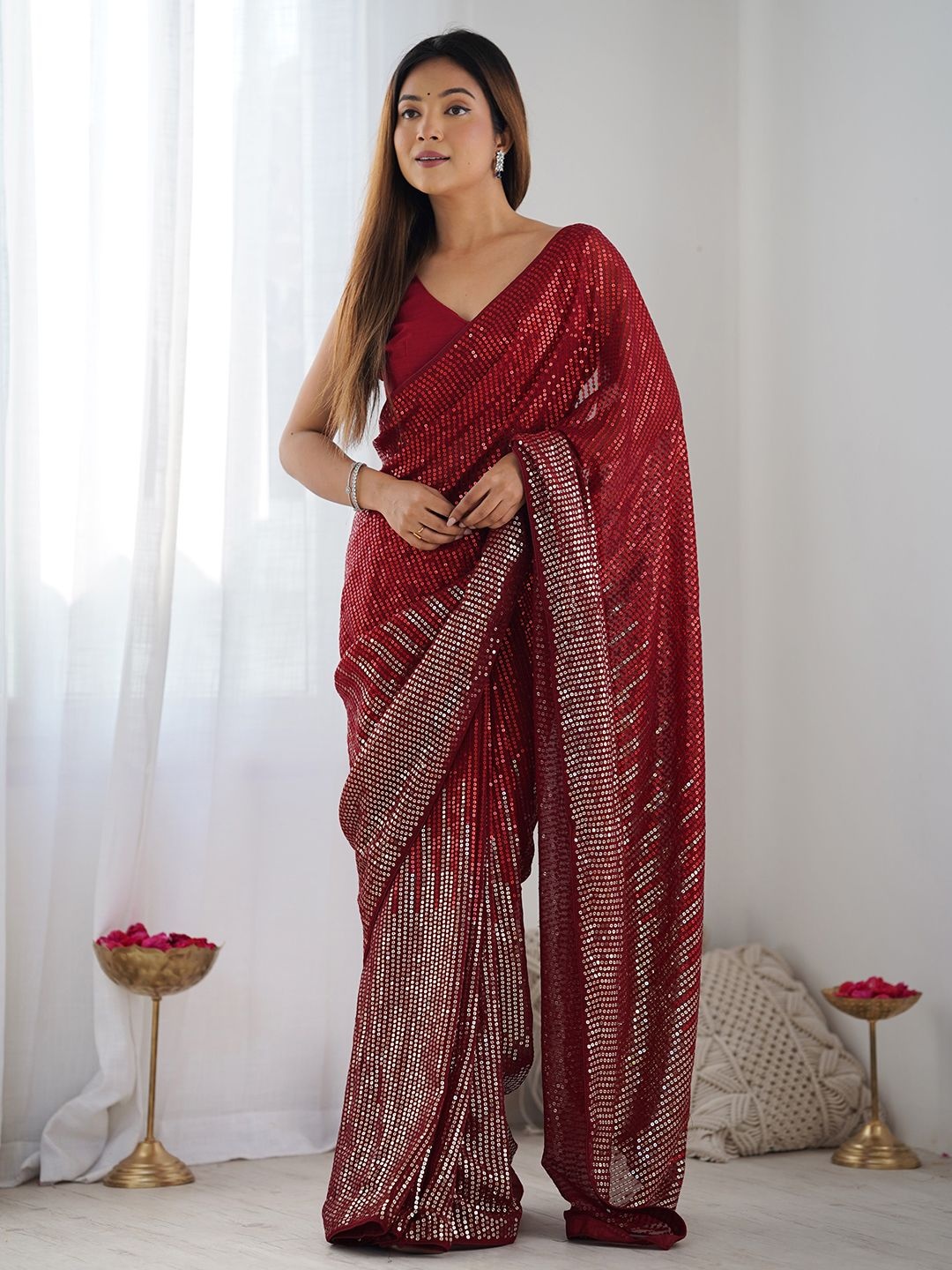 

LeeliPeeri Designer Embellished Sequinned Poly Georgette Saree, Red