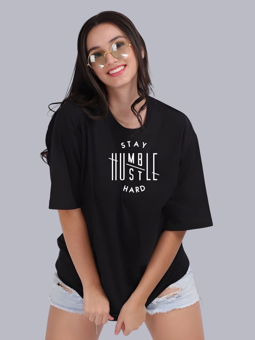 

Moda Rapido Women Typography Printed Round Neck Cotton Oversized T-shirt, Black