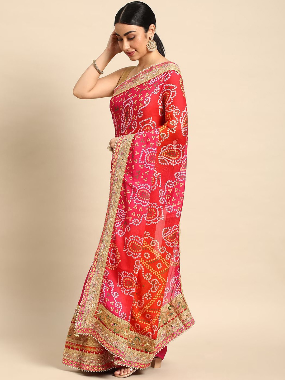 

DIVASTRI Bandhani Gotta Patti Poly Chiffon Designer Bandhani Saree, Pink