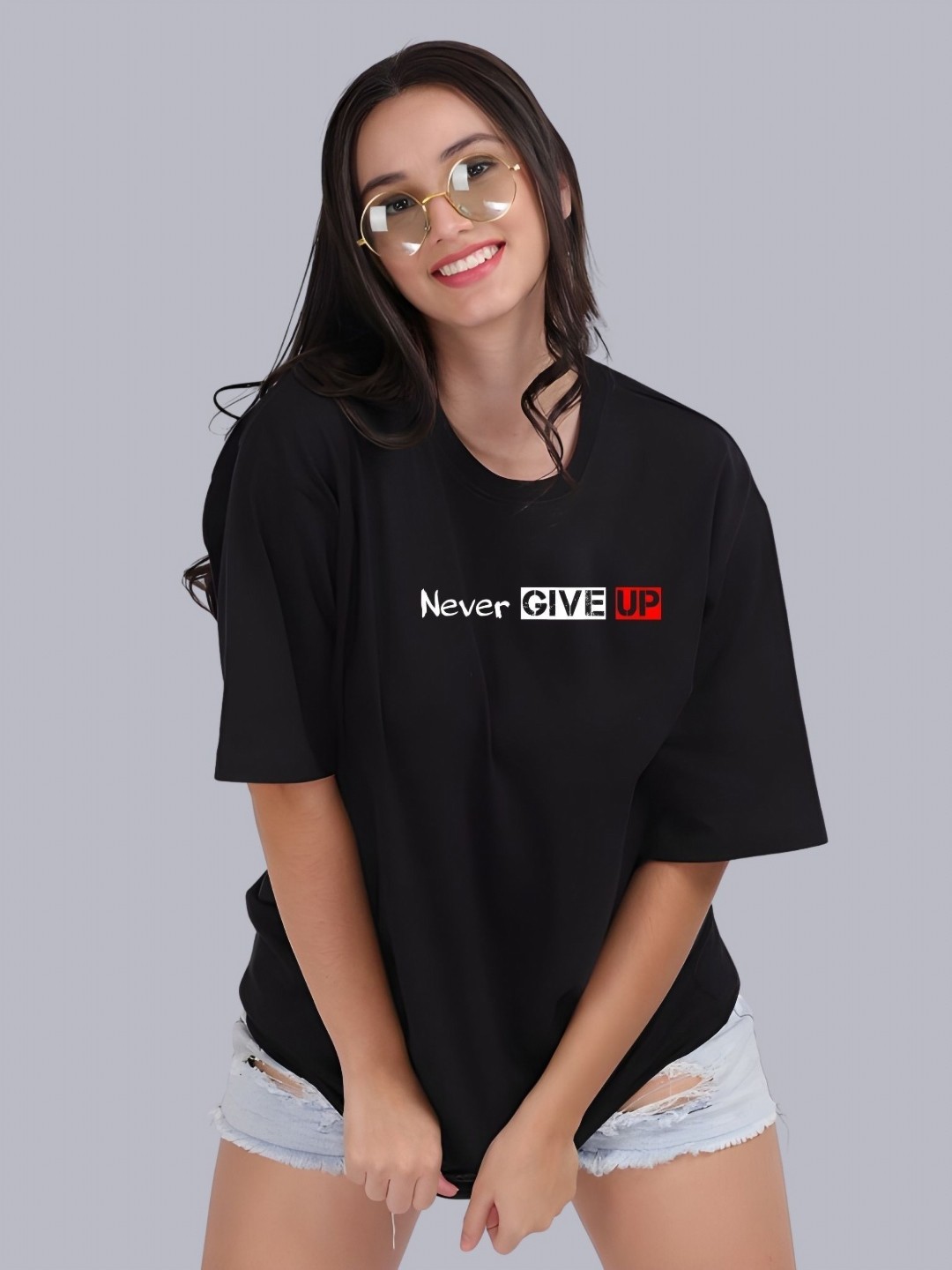 

Moda Rapido Women Typography Printed Round Neck Cotton Oversized T-shirt, Black