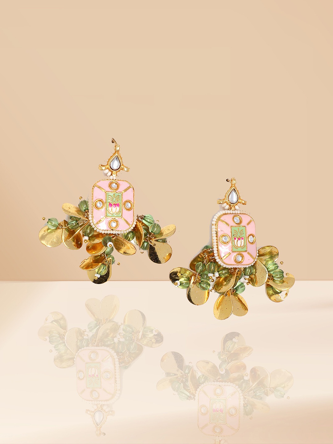 

DUGRISTYLE Gold-Plated Kundan Studded Contemporary Shaped Drop Earrings, Peach