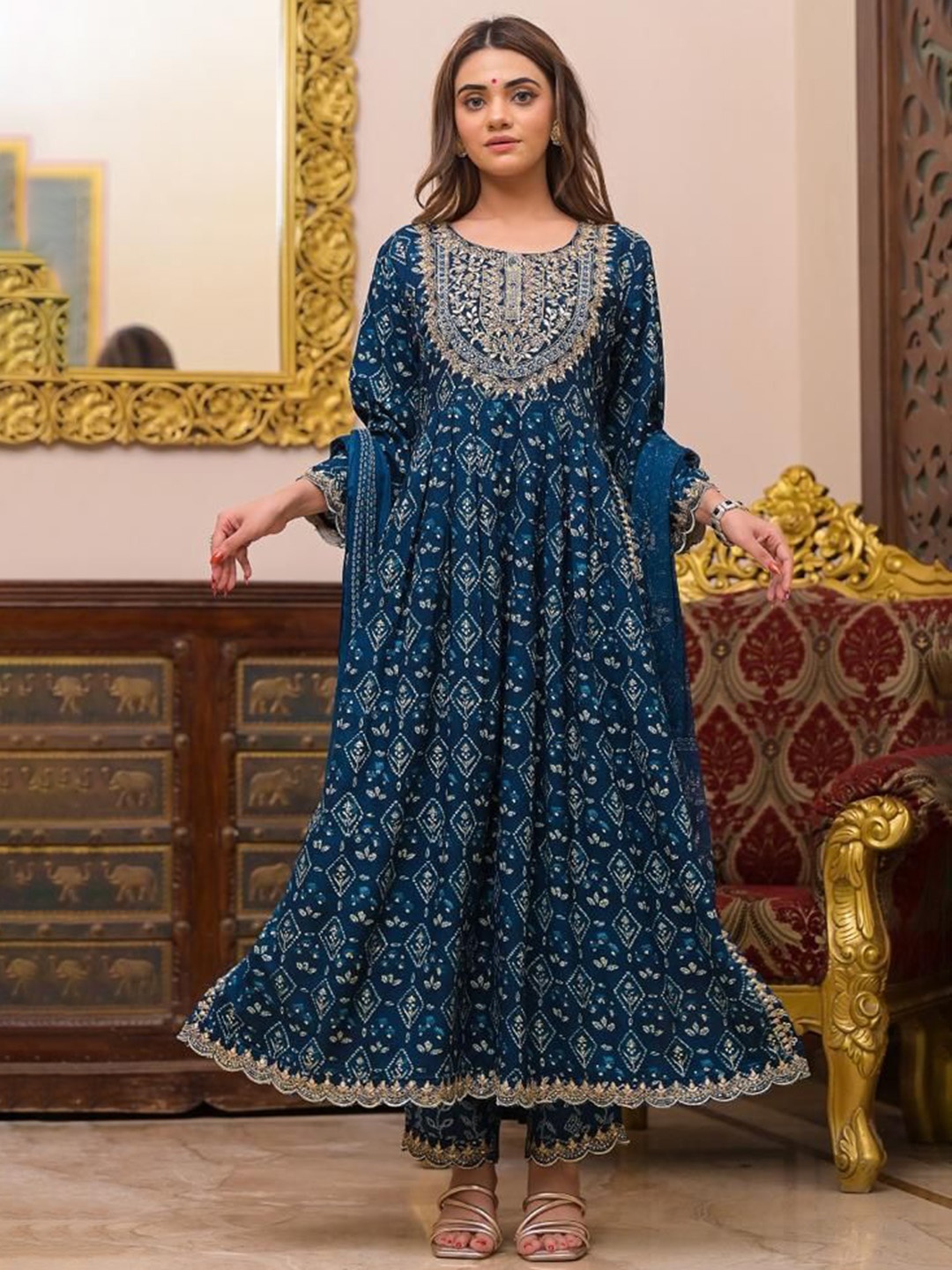 

Gauric creation Floral Printed Gotta Patti Chinon A-Line Kurta With Trousers And Dupatta, Blue