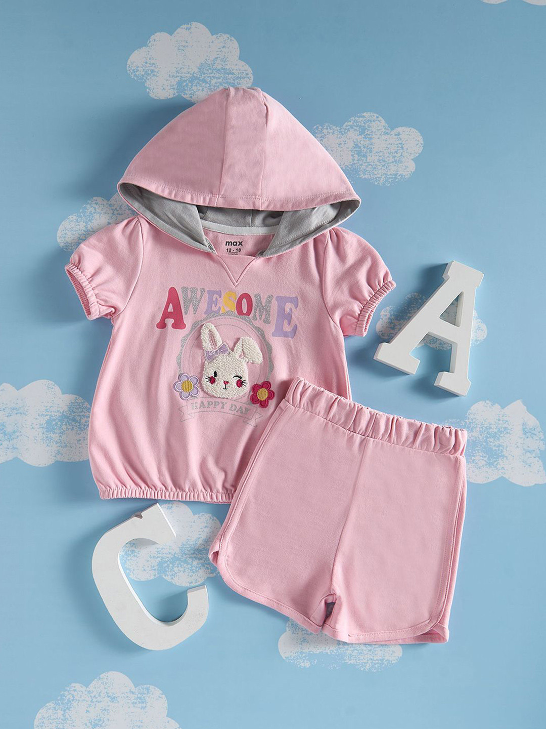 

max Girls Printed Hooded Neck Pure Cotton T-shirt With Shorts, Pink