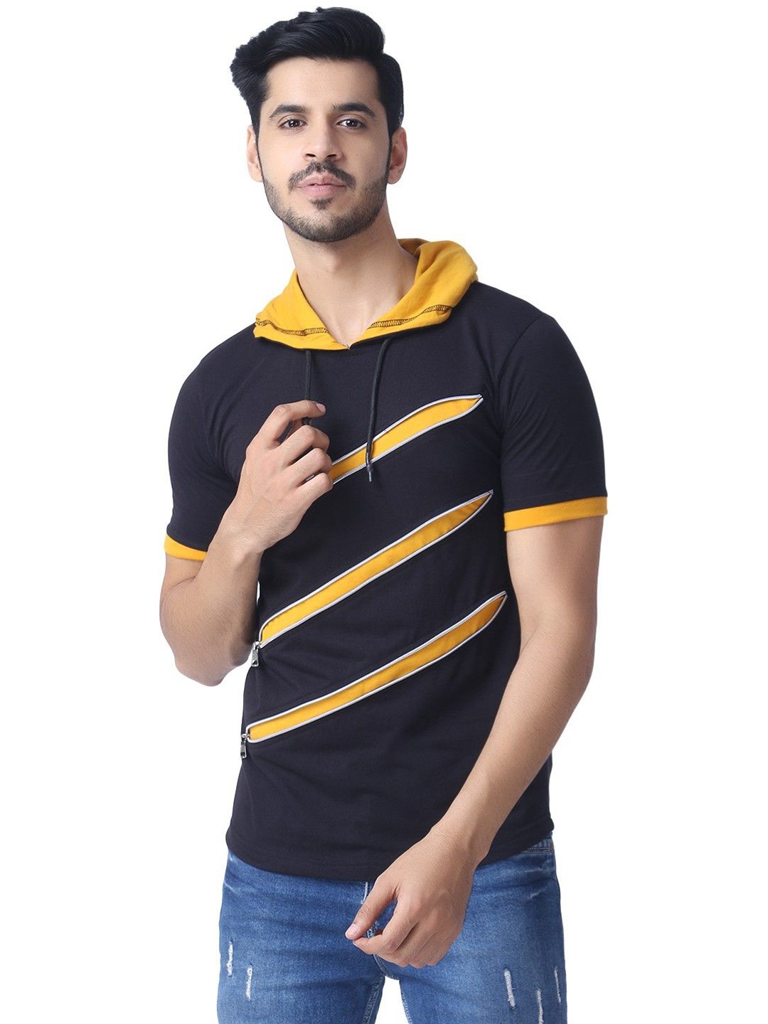 

Black Collection Men Self Design Hood Cotton Slim Fit T-shirt