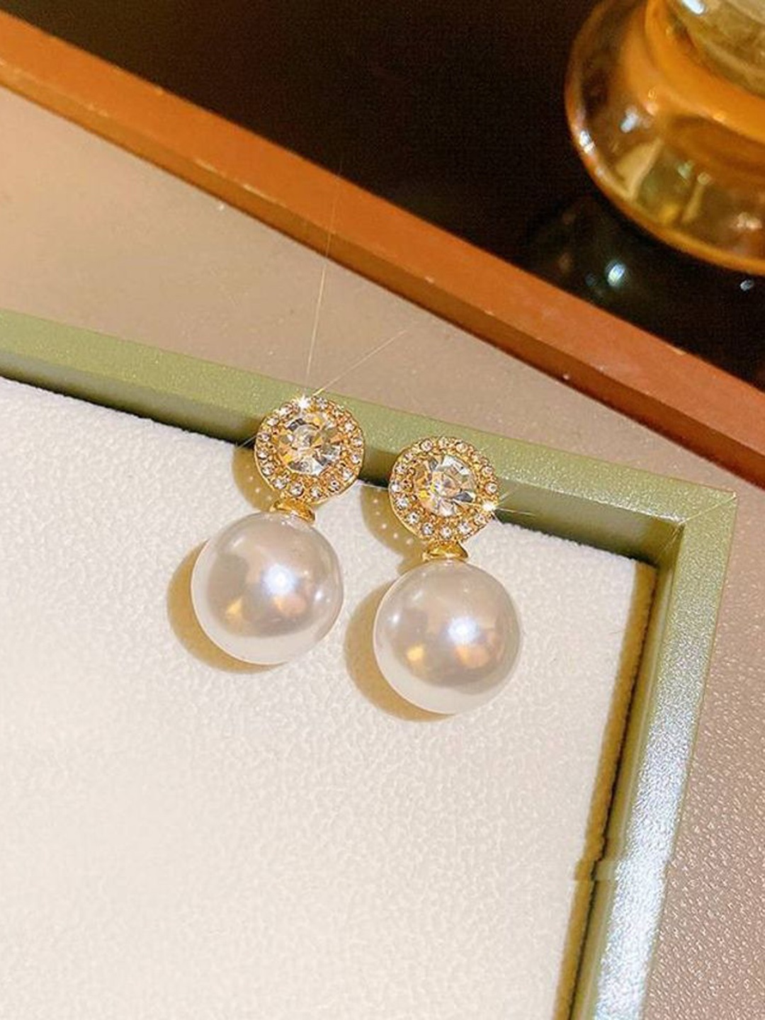 

Celestique Cubic Zirconia Studded & Pearls Beaded Contemporary Shaped Drop Earrings, Gold