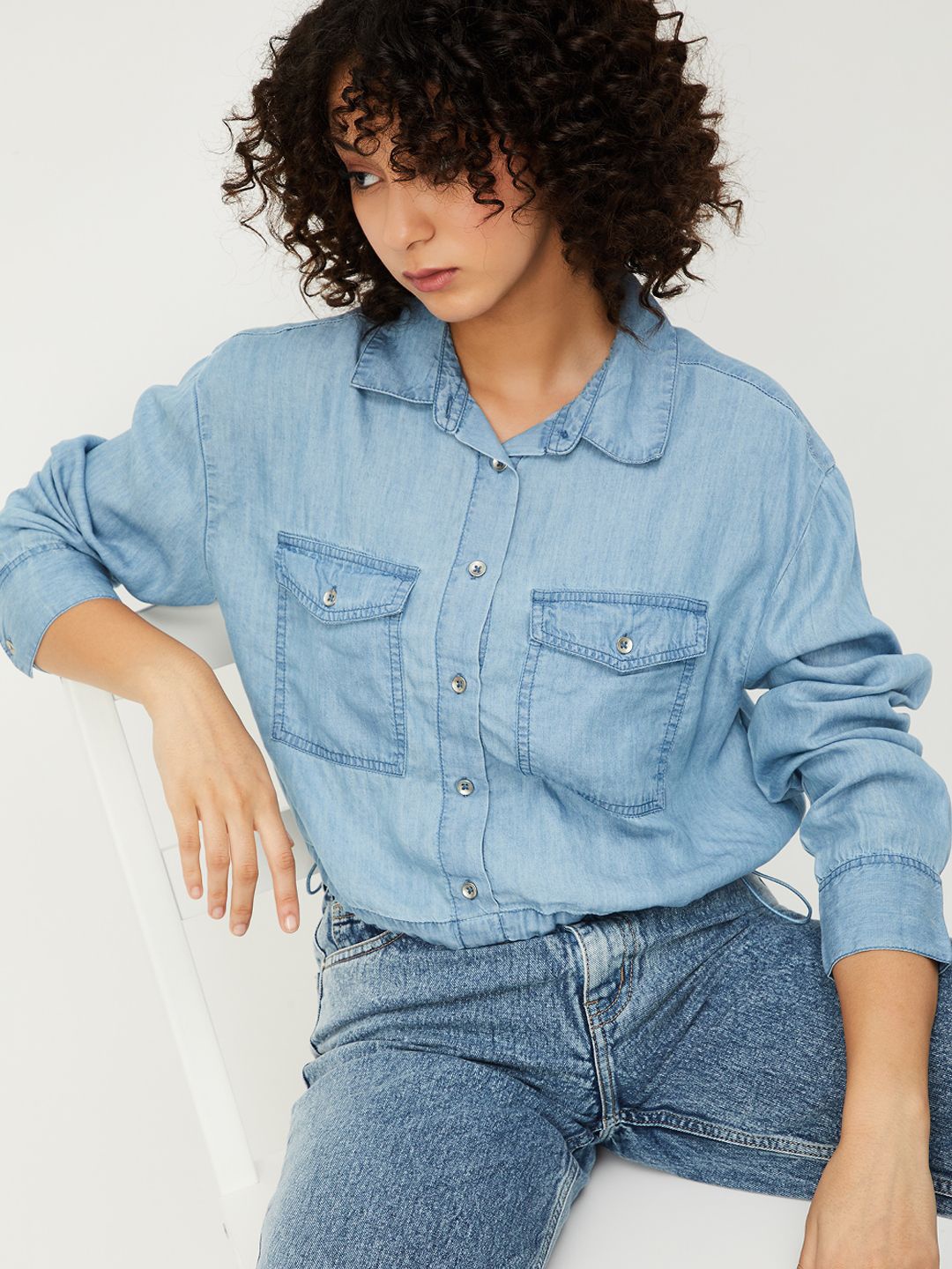 

max Women Relaxed Fit Spread Collar Solid Cotton Casual Shirt, Blue