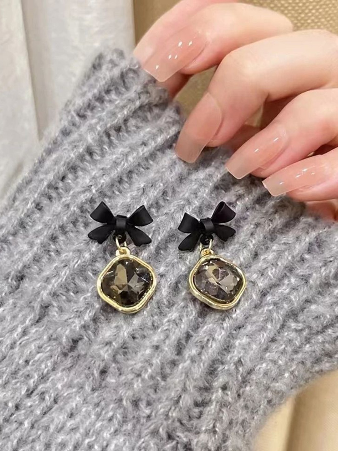 

Celestique Crystal Stones Studded Contemporary Korean Drop Earrings, Black
