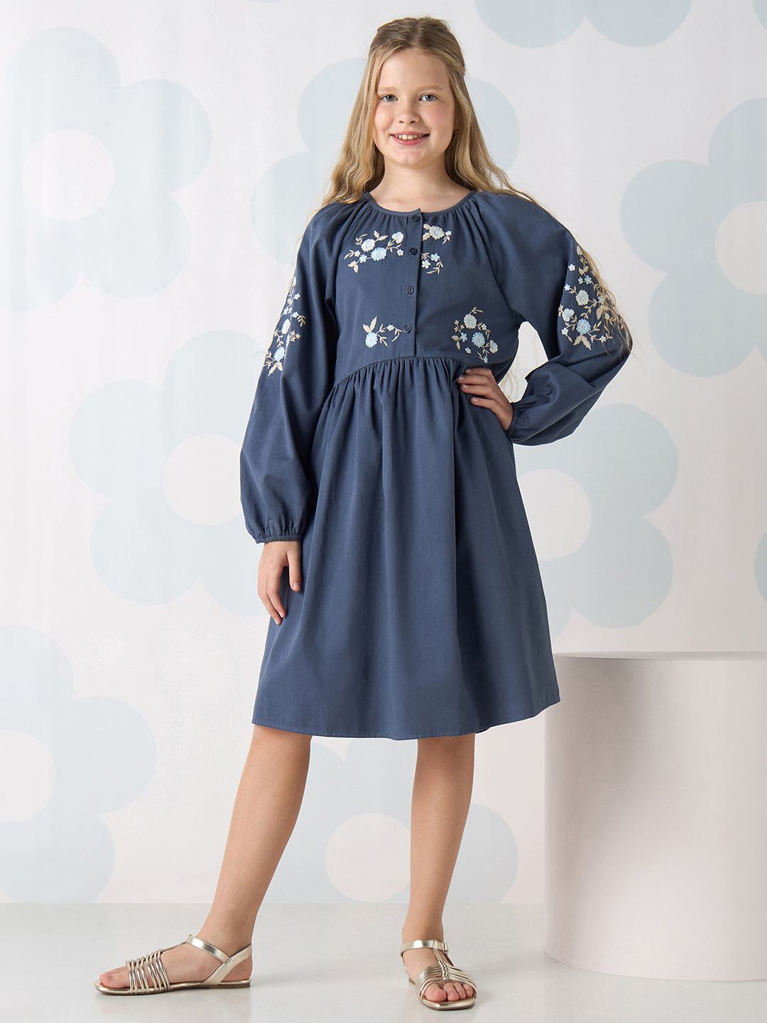 

max Girls Floral Fit and Flare Cotton Dress, Blue