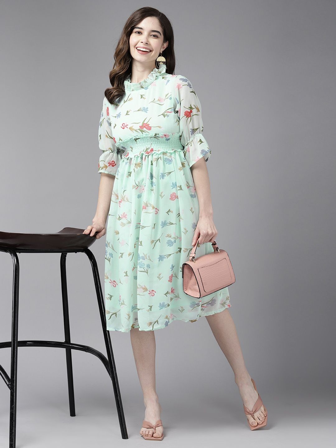 

CORSICA Floral Printed Georgette Fit & Flare Dress, Turquoise blue