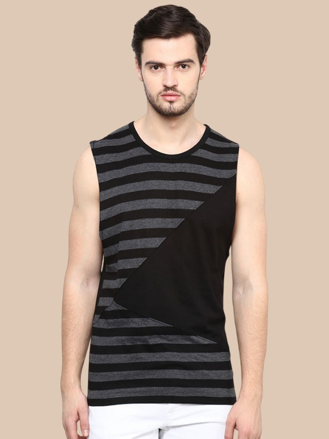 

Hypernation Men Striped Round Neck Cotton T-shirt, Black