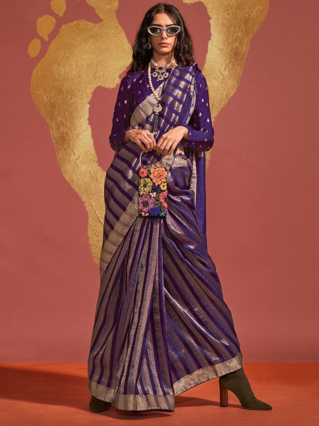 

BLENDIFY Striped Zari Banarasi Saree, Lavender