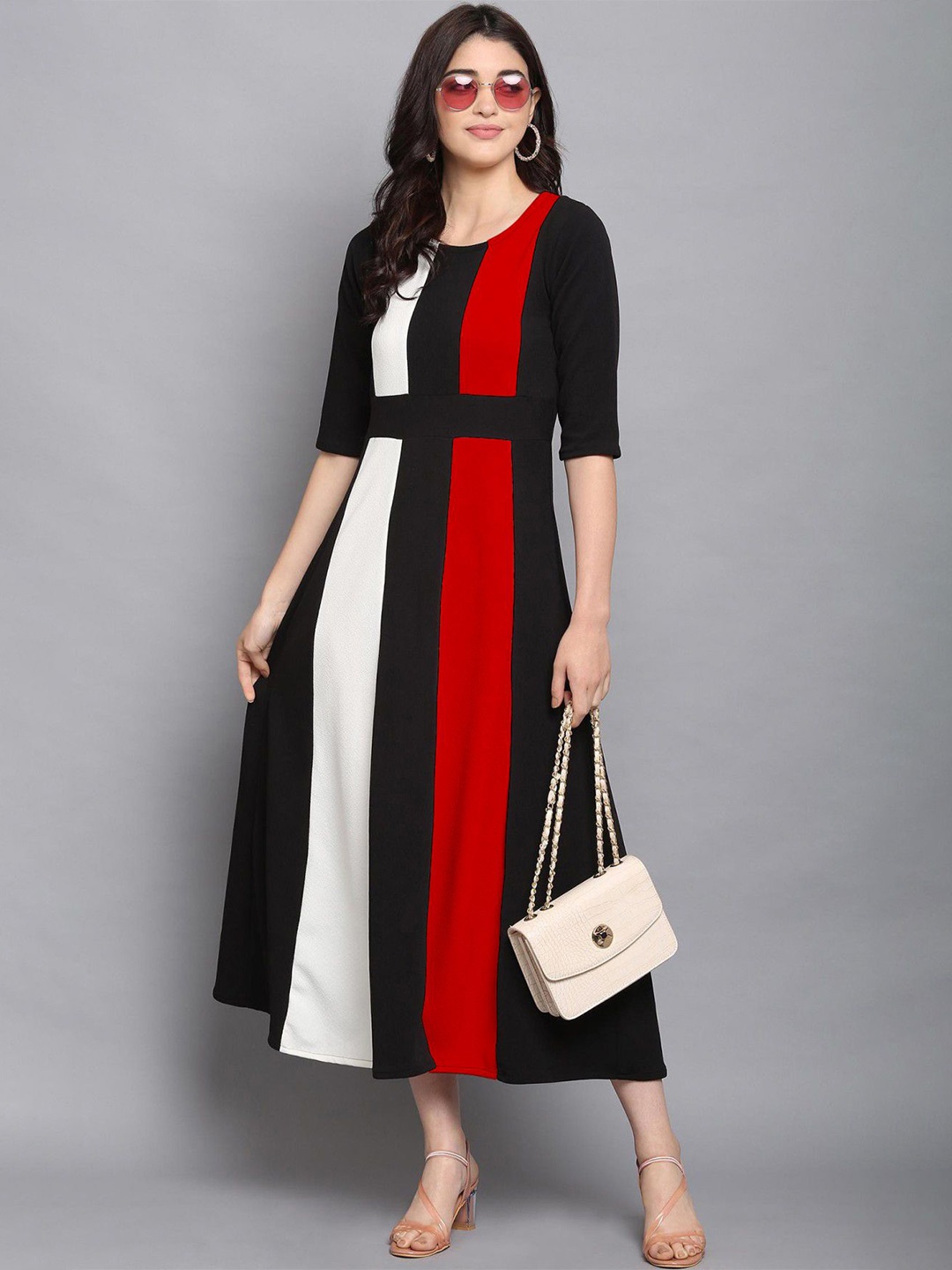 

DressBerry Colourblocked Round Neck Fit and Flare Dress, Red