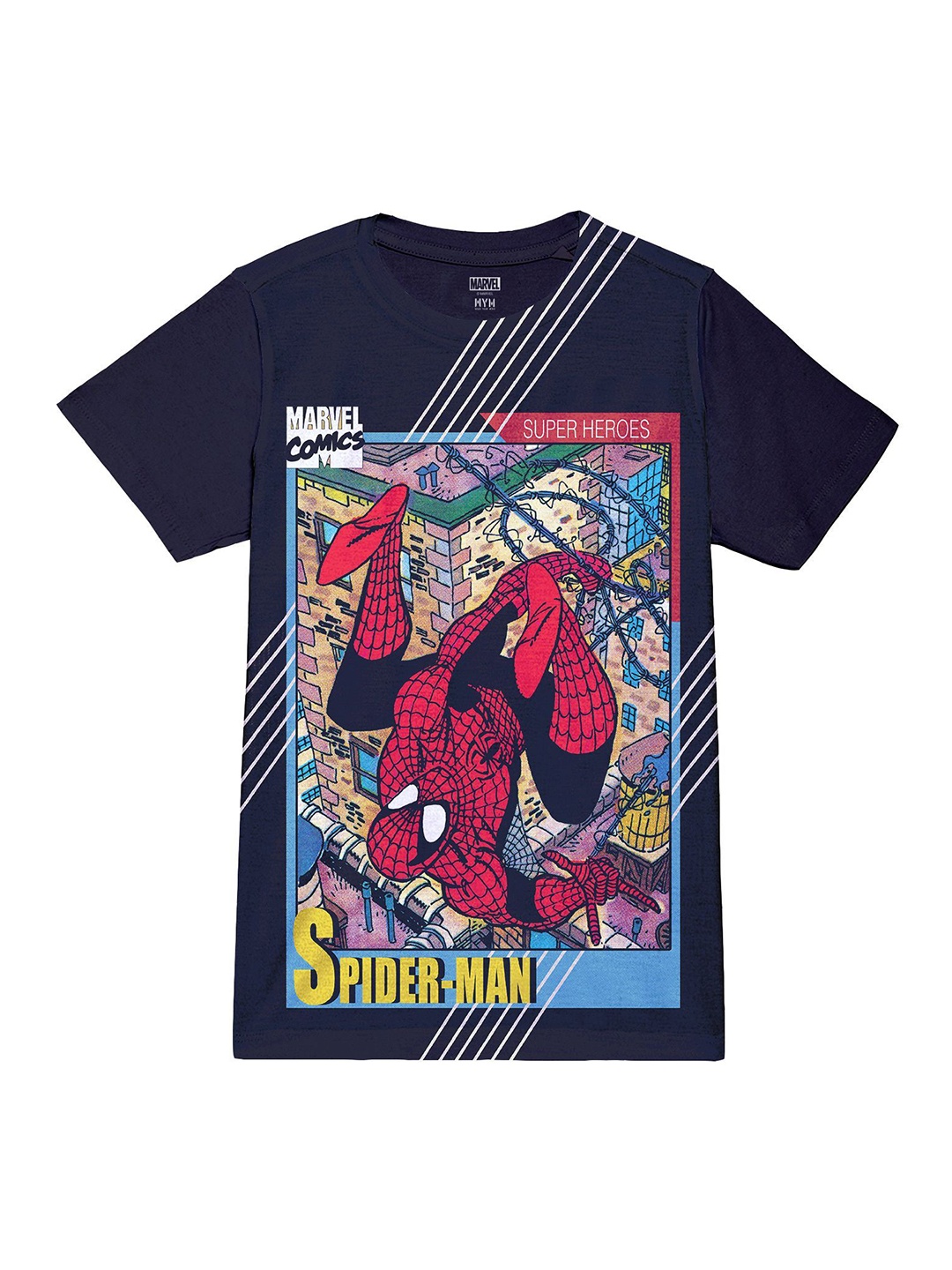 

Wear Your Mind Boys Spider-Man Graphic Printed Round Neck Regular Fit T-shirt, Navy blue