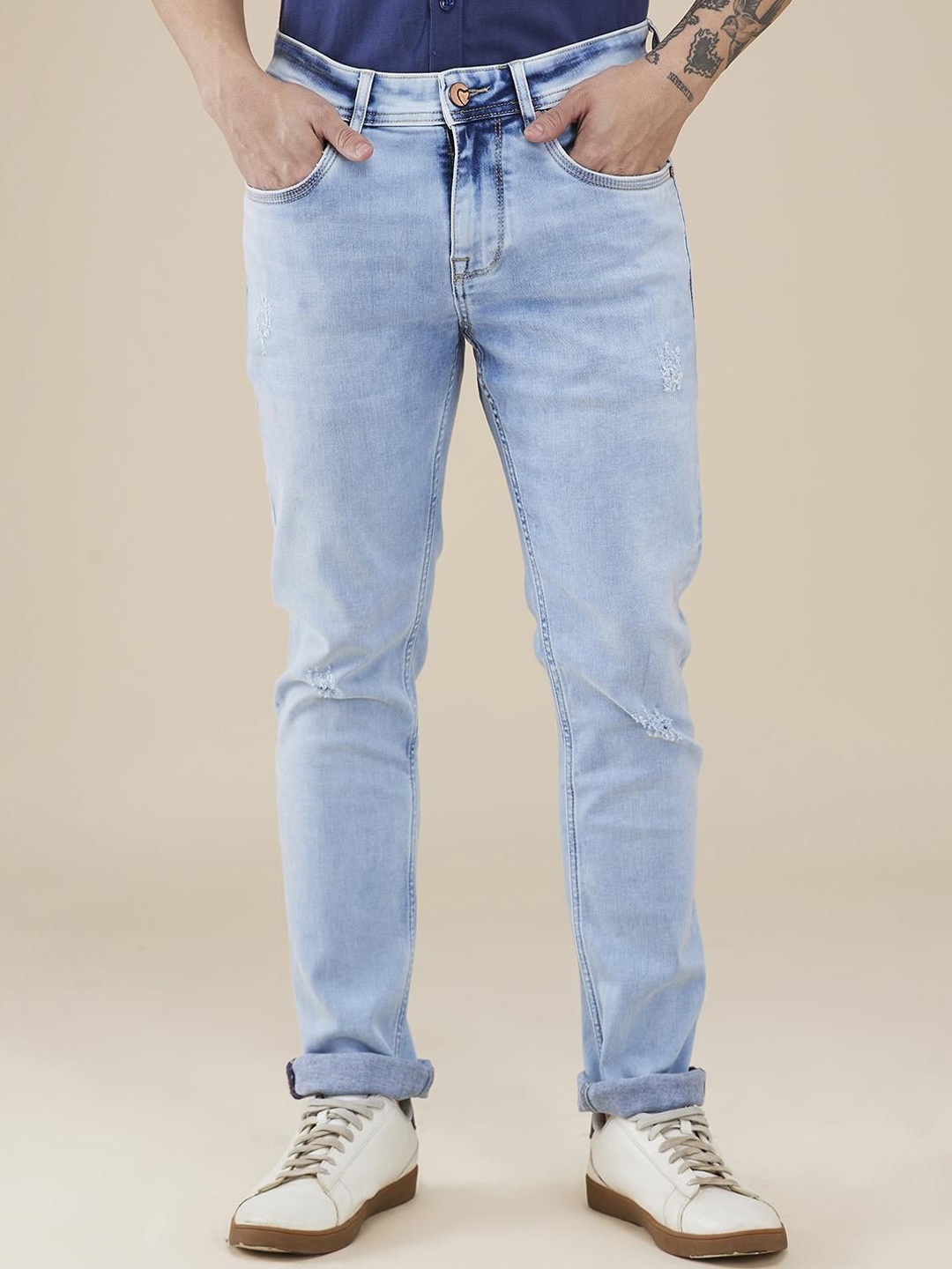 

Being Human Men Classic Slim Fit Low Distress Light Fade Stretchable Jeans, Blue