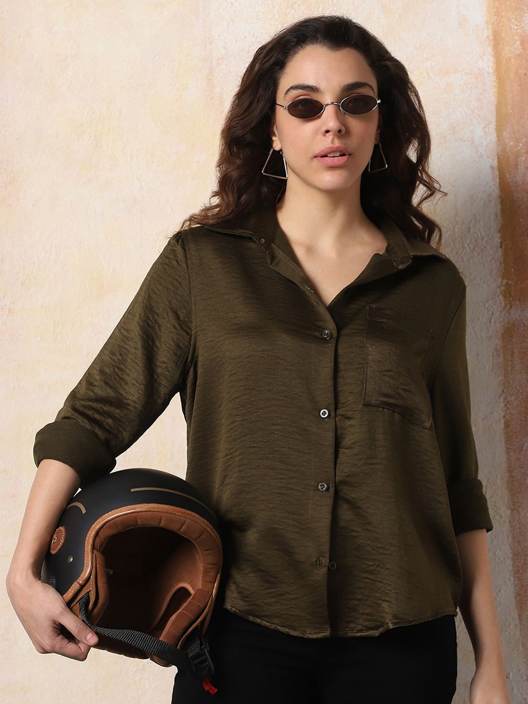 

High Star Women Boxy Opaque Textured Satin Casual Shirt, Olive