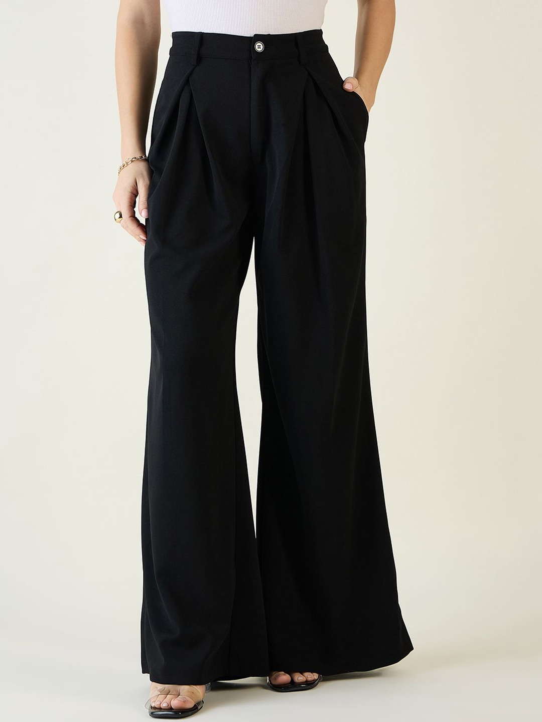 

aayu Women Relaxed Flared High-Rise Wrinkle Free Pleated Parallel Flared Trousers, Black