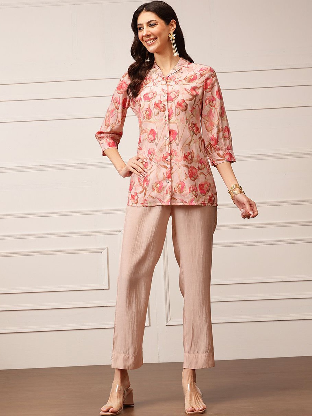 

HOUSE OF S Floral Printed Lapel Collar Neck Shirt With Trousers Co-Ords, Pink
