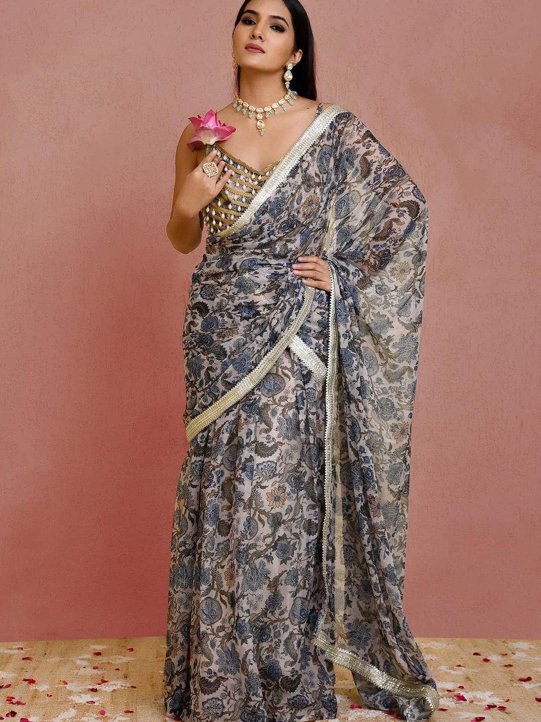 

Bannhi Floral Zari Poly Georgette Ready to Wear Saree, Grey