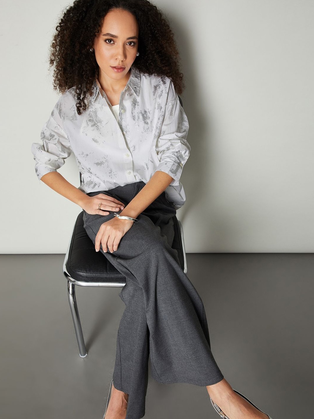 

max Women Oversized Fit Spread Collar Abstract Printed Cotton Casual Shirt, Grey